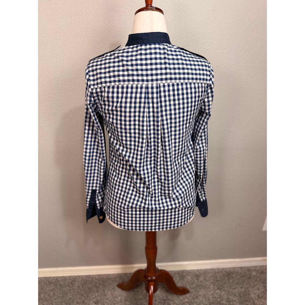 Tory Burch blouse navy blue white gingham long sleeve logo buttons epaulettes  6 - Picture 8 of 12